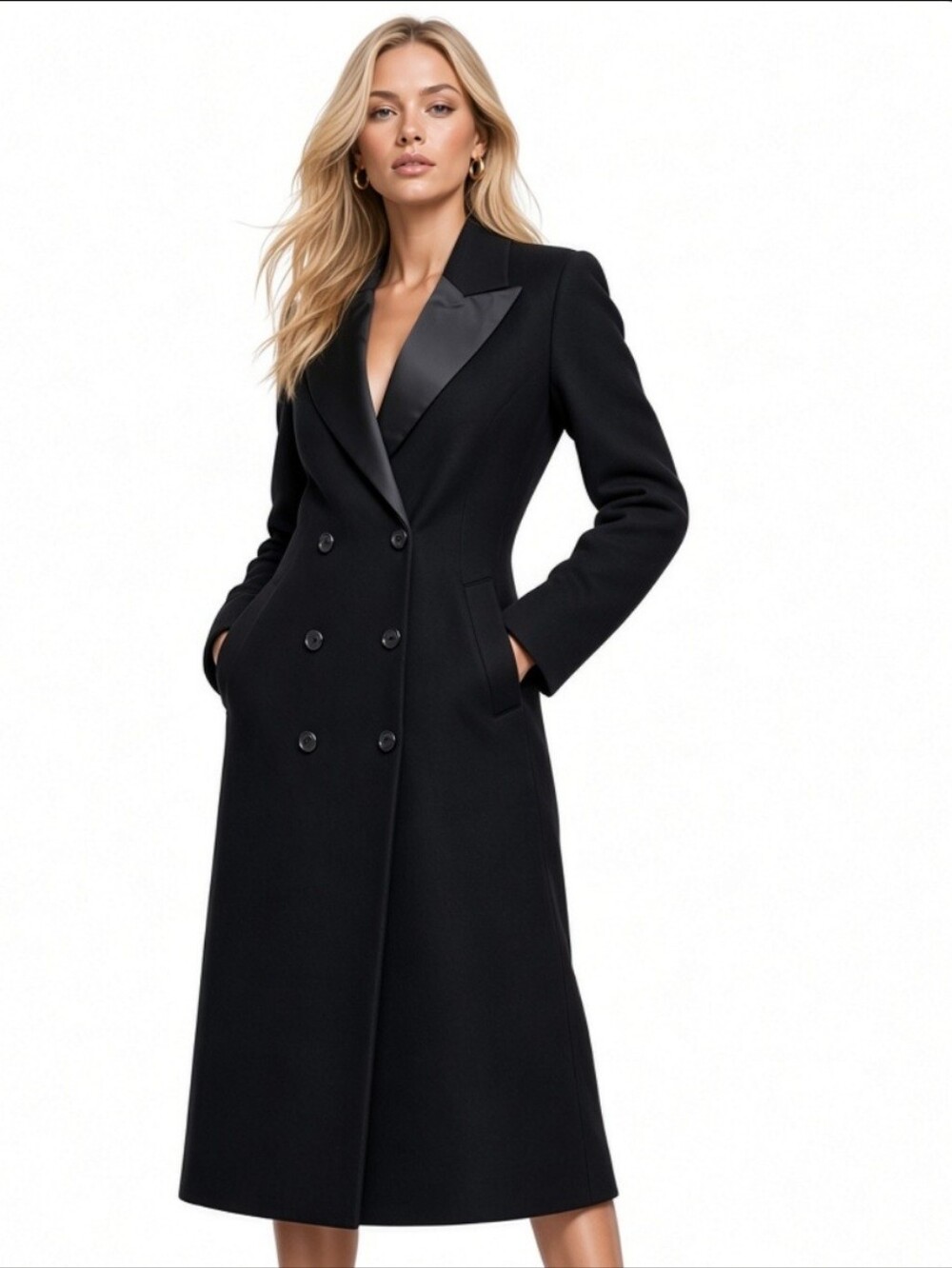 Future Collective Women's Elegant Black Double-Breasted Long Coat(sz:M)